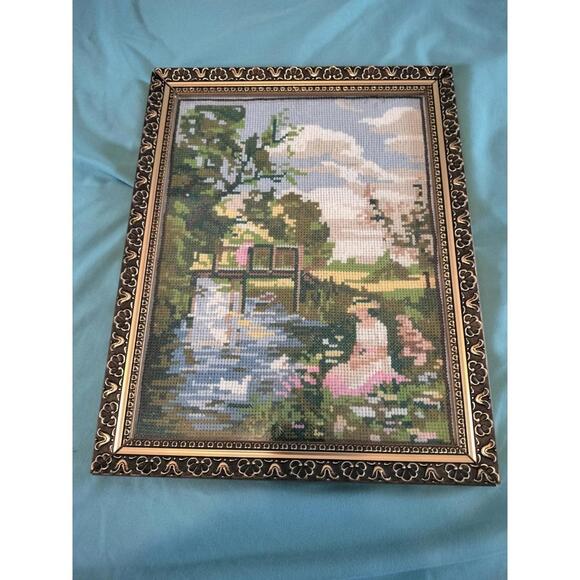 Vintage Framed Needlepoint Landscape Cottage Scene Ornate Wood Frame 10x12.5 - Picture 2 of 9